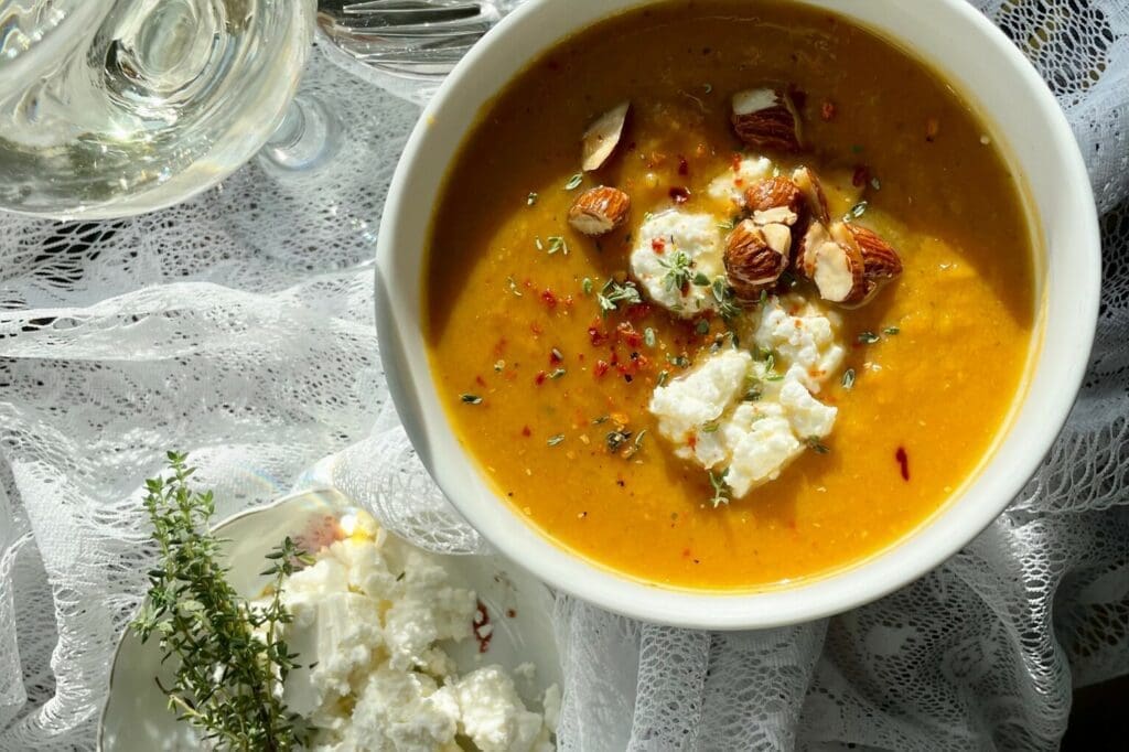 A great alternative to asian chicken rice soup is this gut-healthy carrot and sweet potato soup